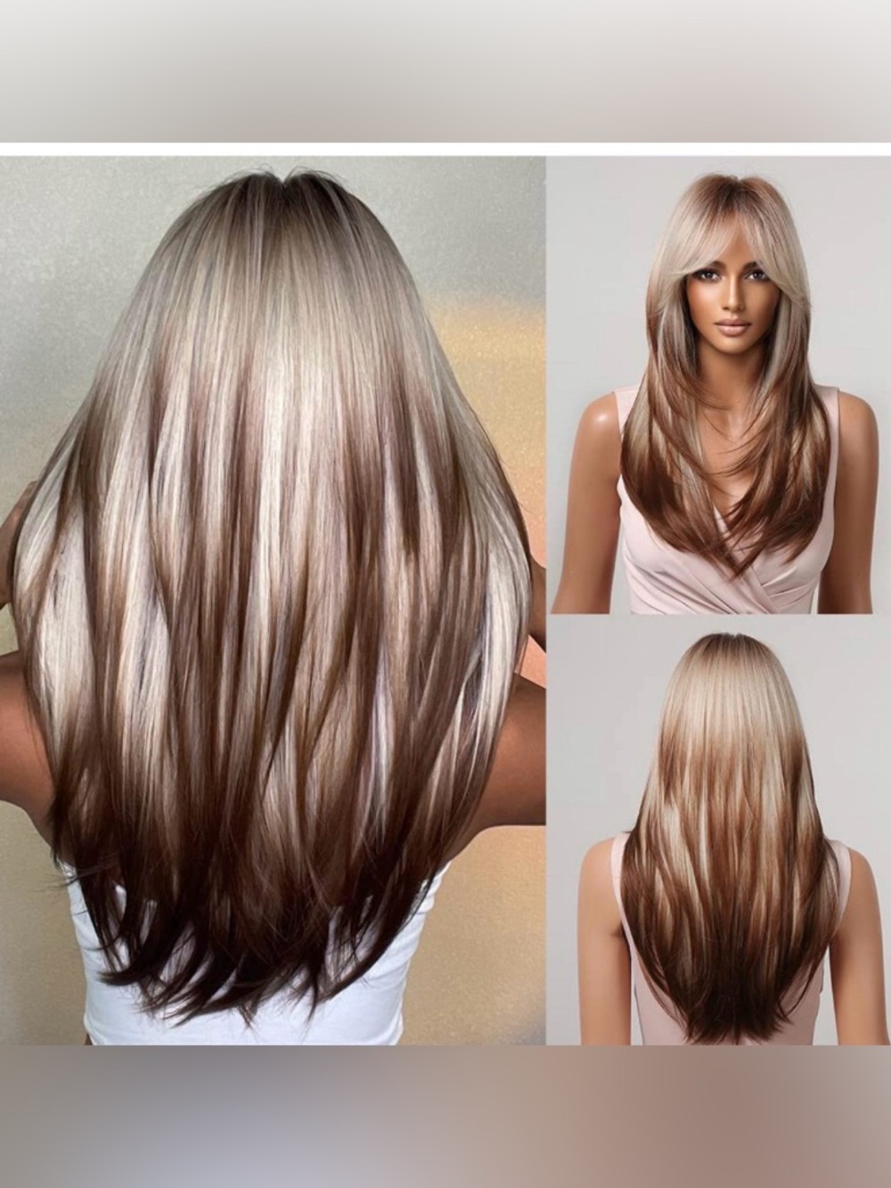 Allbell Long Straight Wig Ombré Brown, Brown Highlight Mixed Blonde